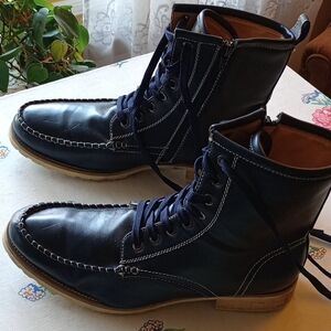 Men's Faranzi Moc Toe Dark Blue Leather Lace-Up Boots Size 10.5.